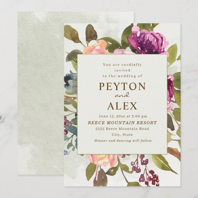 Invitación Elegante Boda Romántica Ciruela Melocotón Verde Sa (Anverso / Reverso)