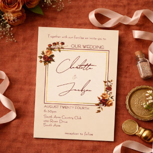 Invitación Elegante Boda Romántica de Otoño con Rosa Oxidada