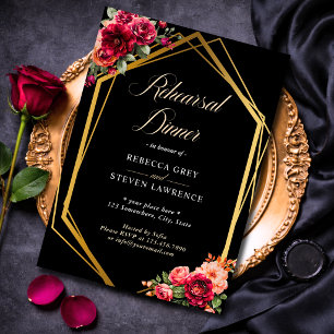 Invitación Elegante boda romántica floral roja y oscura