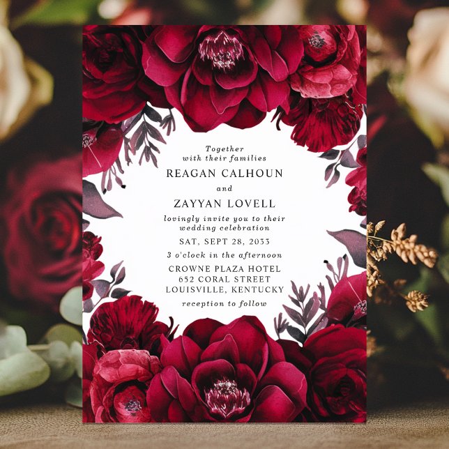 Invitación Elegante Boda Romántica Floral Rojo Carmesí Profun (Subido por el creador)