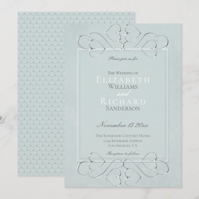 Invitación Elegante Boda romántico azul turbio (Anverso / Reverso)