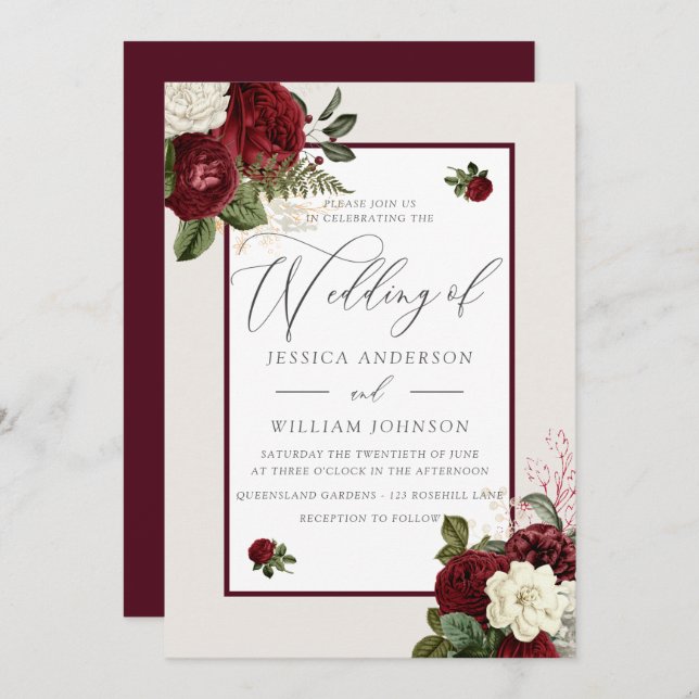 Invitación Elegante Boda romántico borgoñón rojo floral (Anverso / Reverso)