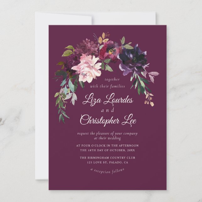 Invitación Elegante Boda romántico borgoñona floral (Anverso)