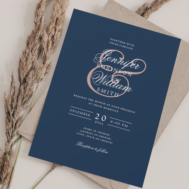 Invitación Elegante Boda romántico clásico Rubor + azul marin (Elegant Romantic Wedding Classic Blush + Navy Blue Invitation)