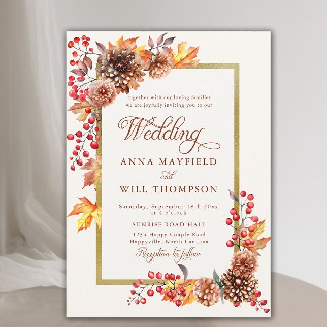 Invitación Elegante Boda romántico con marco floral de oro de (fall floral gold frame elegant rustic boho autumn wedding invitation modern calligraphy terracotta)