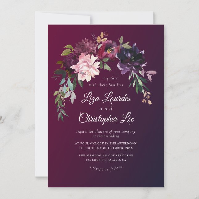 Invitación Elegante Boda romántico de caída floral de borgoña (Anverso)