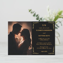 Invitación Elegante boda romántico de fotos en negro y oro