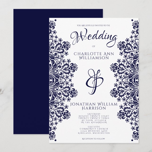 Invitación Elegante Boda Romántico de la Marina Azul Blanco (Anverso / Reverso)