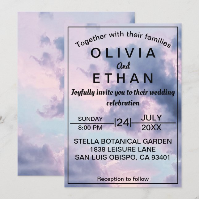 Invitación Elegante Boda romántico de nubes del cielo azul (Anverso / Reverso)