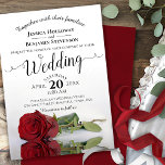 Invitación Elegante Boda romántico de rosa roja de estampado<br><div class="desc">Esta magnífica invitación a la boda presenta un diseño floral moderno con una única rosa roja de tallo largo en su costado que refleja una piscina con olas y olas. El diseño es sencillo,  elegante,  romántico y sofisticado,  con caligrafía de escritura de encaje y contenido de personalizable completo.</div>