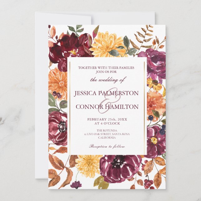 Invitación Elegante Boda romántico floral rústico de Borgoña (Anverso)