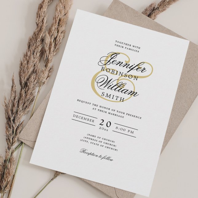 Invitación Elegante Boda romántico guión clásico oro (Elegant Romanic Wedding Classic Script Gold Invitation)