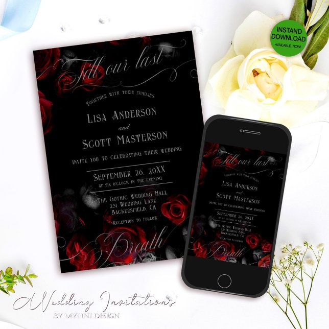 Invitación Elegante Boda romántico negro rojo floral (Subido por el creador)