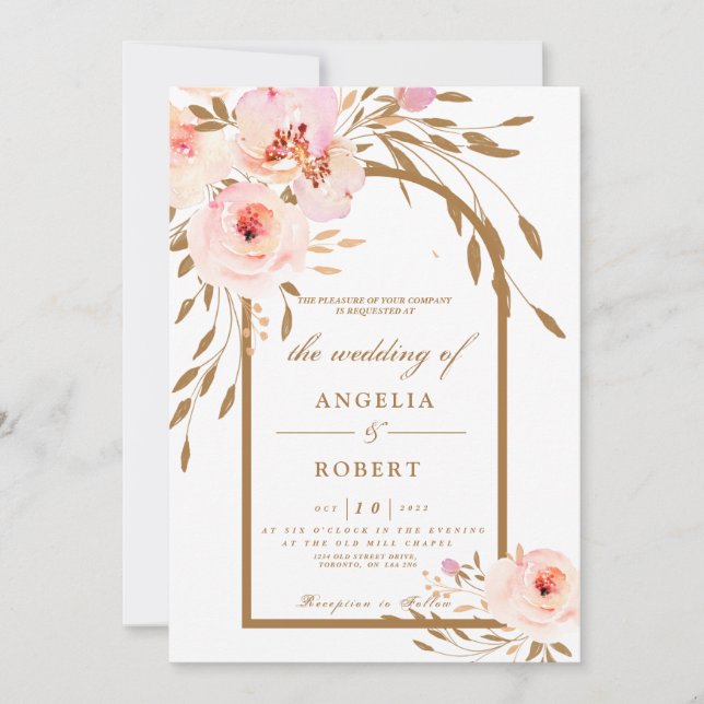 Invitación Elegante Boda romántico rosado Rubor Gold Floral (Anverso)