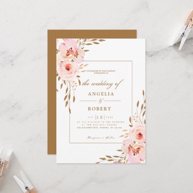 Invitación Elegante Boda romántico rosado Rubor Gold Floral (Anverso/Reverso In Situ)