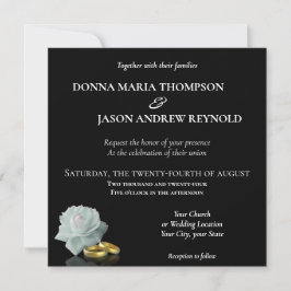 Invitación Elegante Boda Rosa Blanca Anillos de Oro Negro