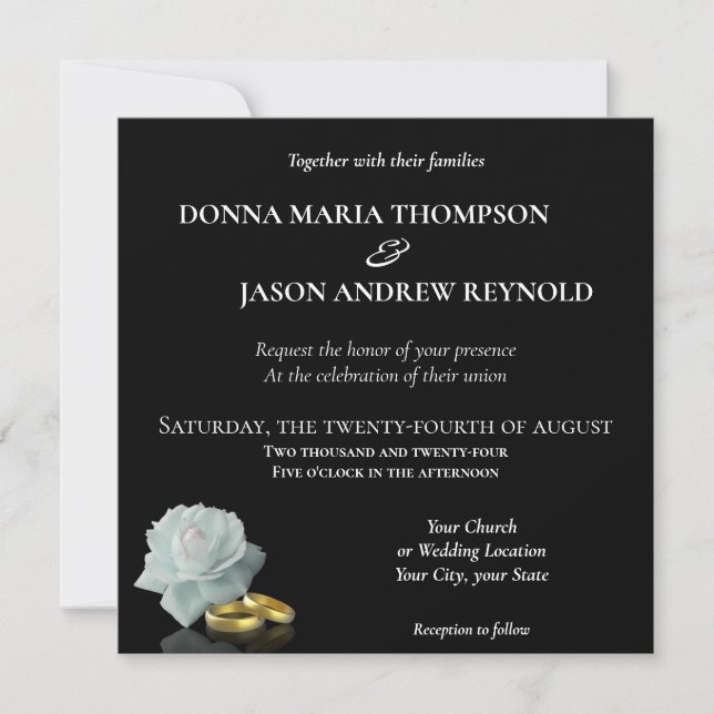 Invitación Elegante Boda Rosa Blanca Anillos de Oro Negro (Anverso)