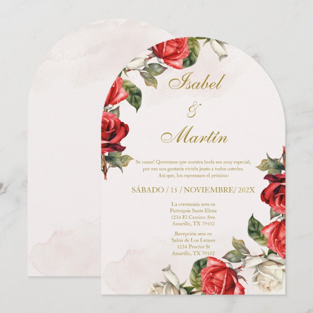 Invitación Elegante Boda Rosa Blanca y Roja Español (Anverso / Reverso)