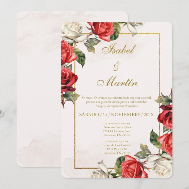Invitación Elegante Boda Rosa Blanca y Roja Español (Anverso / Reverso)