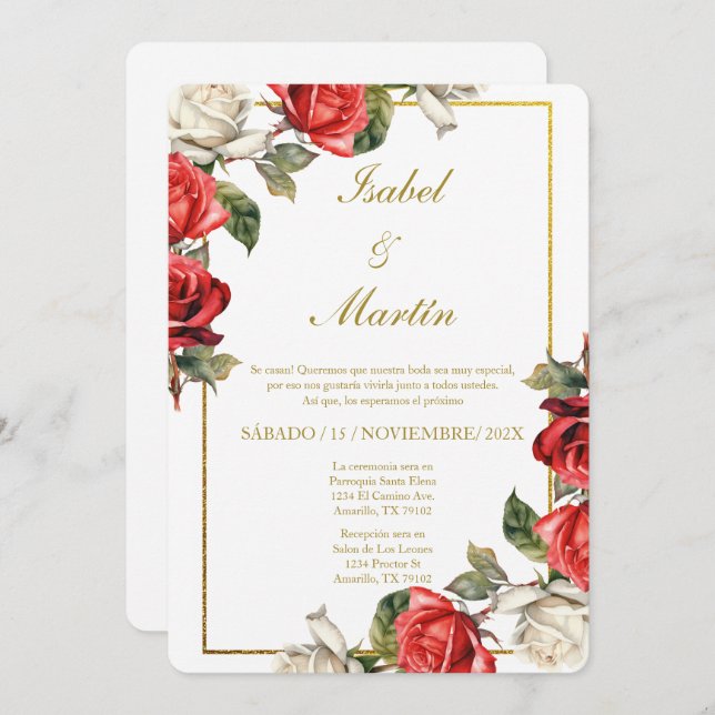 Invitación Elegante Boda Rosa Blanca y Roja Español (Anverso / Reverso)