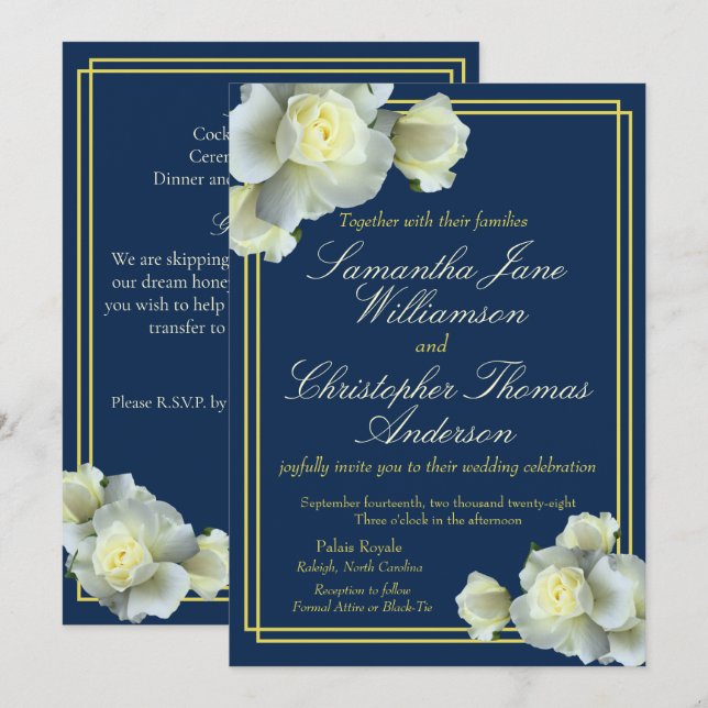 Invitación Elegante Boda rosa blanco con guion azul de oro de (Anverso / Reverso)