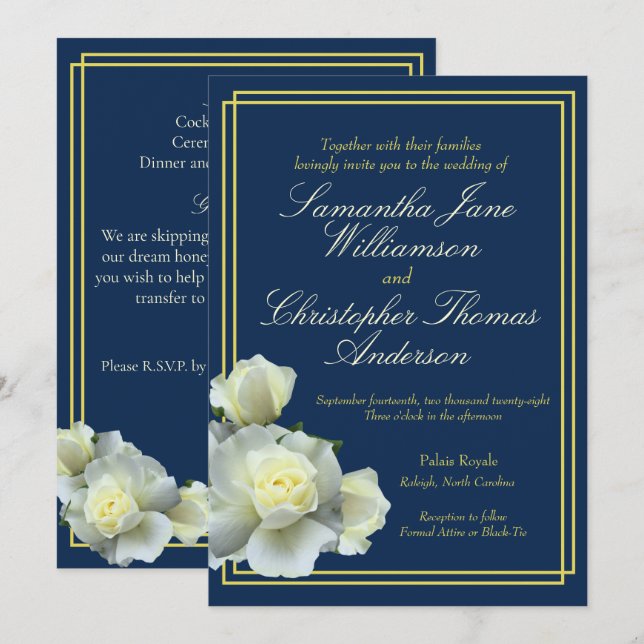 Invitación Elegante Boda rosa blanco con guion azul de oro de (Anverso / Reverso)
