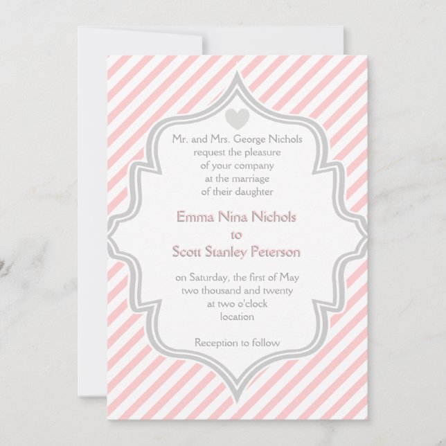 Invitación Elegante boda rosa, blanco, rayas grises (Anverso)