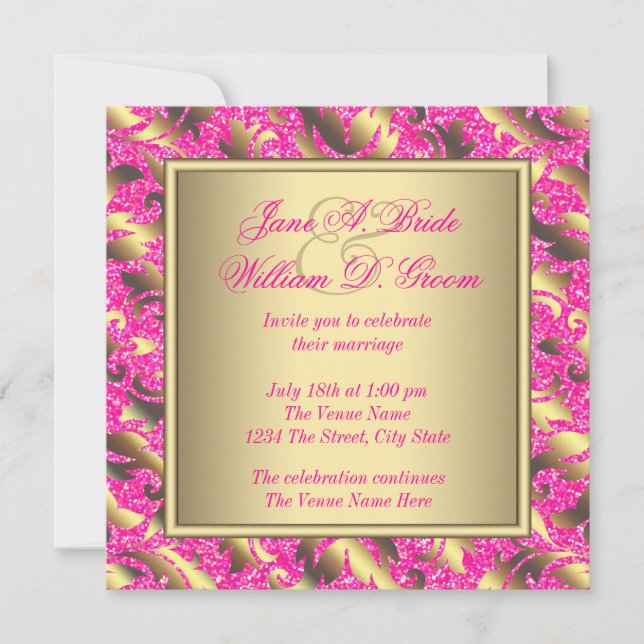 Invitación Elegante boda rosa caliente y dorado (Anverso)