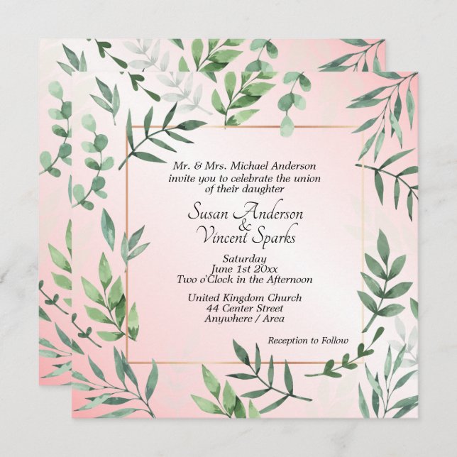 Invitación Elegante Boda rosa con sabor a flora y fauna (Anverso / Reverso)