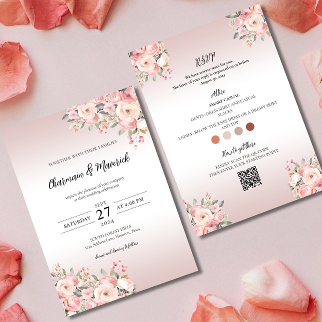 Invitación Elegante Boda rosa con sabor a polvo todo en uno (Subido por el creador)