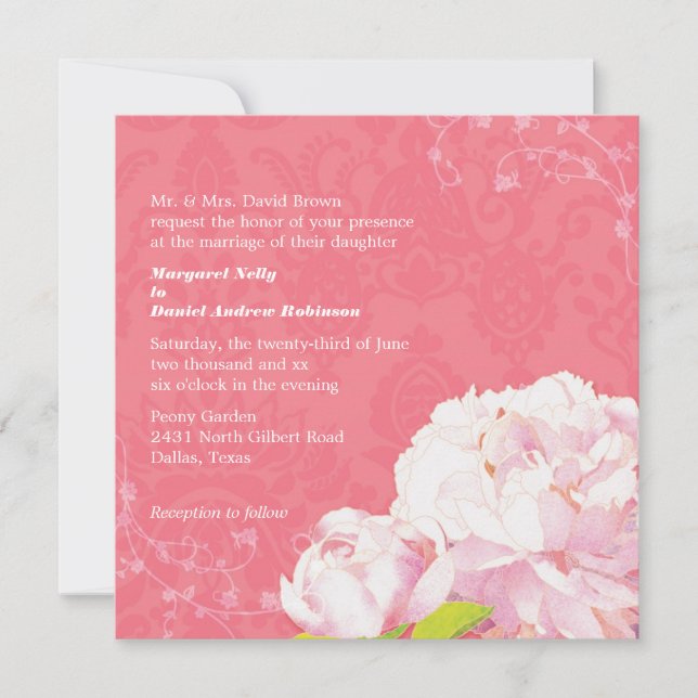 Invitación Elegante Boda Rosa Coral Peony (Anverso)