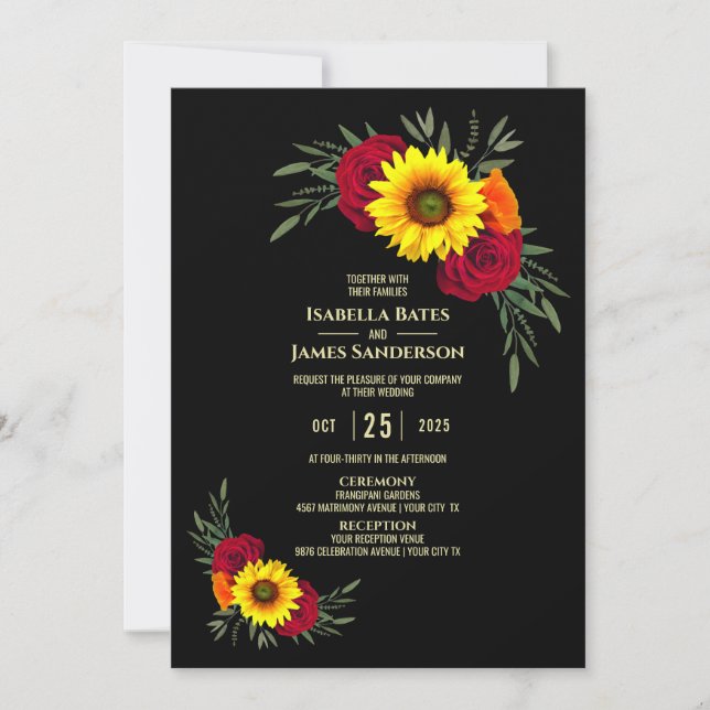 Invitación Elegante Boda Rosa de Burgundy de Girasol Negro (Anverso)
