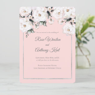 Invitación Elegante Boda rosa de marco plateado de rosas blan