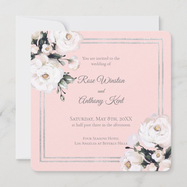 Invitación Elegante Boda rosa de marco plateado floral blanco (Anverso)