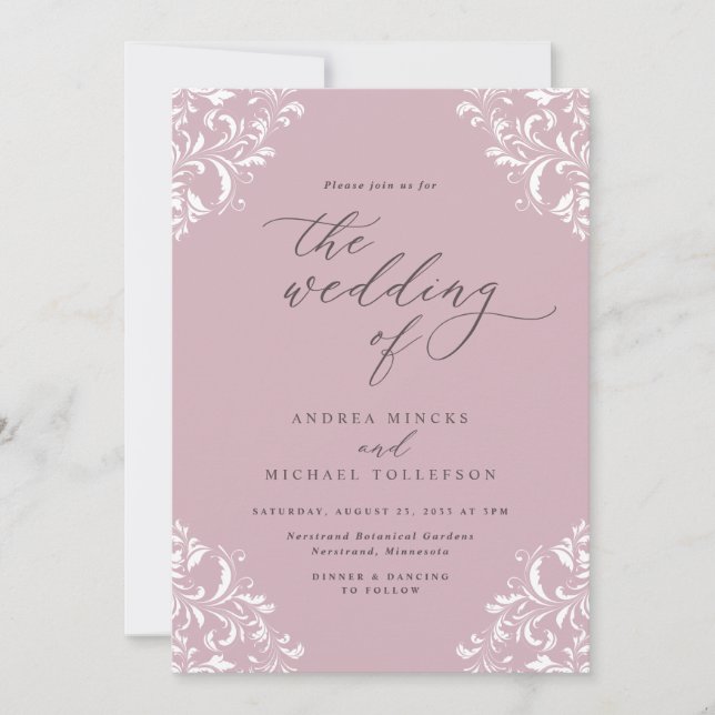 Invitación Elegante Boda Rosa de Mauve ligera de época (Anverso)