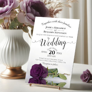 Invitación Elegante Boda Rosa de Pluma Larga Estampada Púrpur