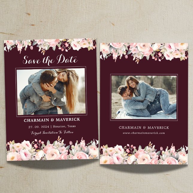 Invitación Elegante boda rosa floral borgoñona salva la fecha (Subido por el creador)