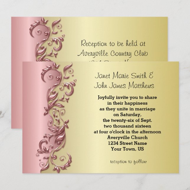Invitación Elegante Boda Rosa Mauve & Gold Florid (Anverso / Reverso)