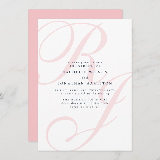 Invitación Elegante Boda rosa Monograma mínimo (Anverso / Reverso)