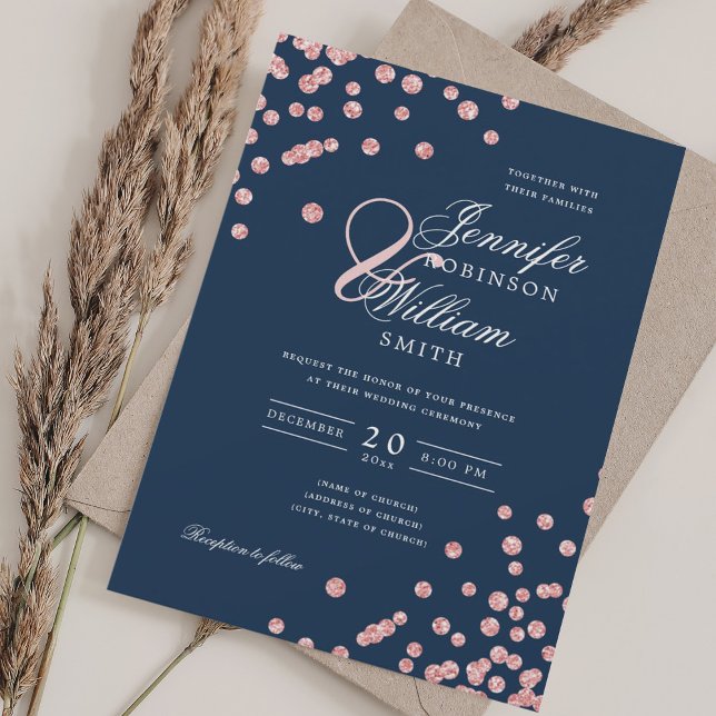 Invitación Elegante Boda  Rosa oro Confetti Navy Blu (Elegant Script Wedding Rose Gold Confetti Navy Blue Invitation)