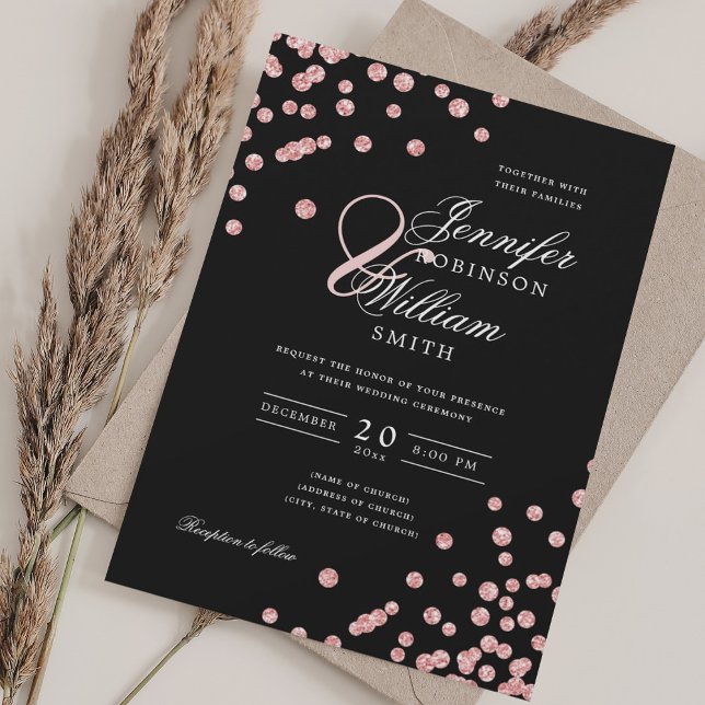 Invitación Elegante Boda  Rosa oro Confetti negro (Elegant Script Wedding Rose Gold Confetti Black Invitation)