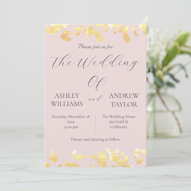 Invitación Elegante Boda rosa pastel elegante de hoja amarill (Anverso de pie)