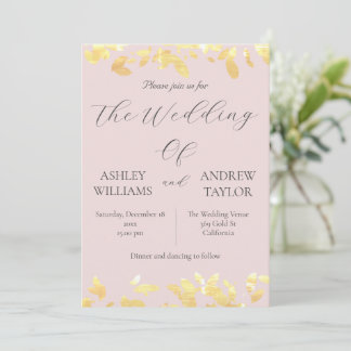 Invitación Elegante Boda rosa pastel elegante de hoja amarill