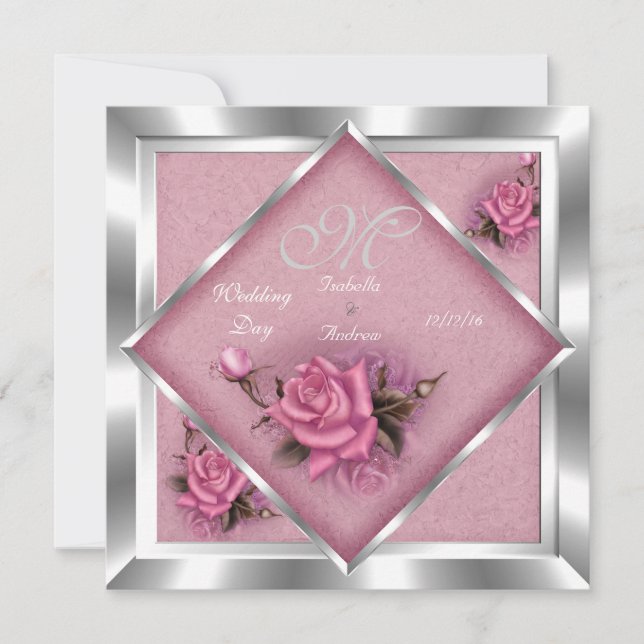 Invitación Elegante Boda Rosa Plata Bouquet (Anverso)