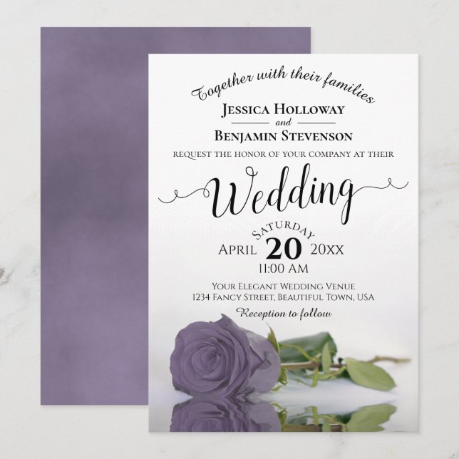 Invitación Elegante Boda Rosa púrpura de estampado largo (Anverso / Reverso)