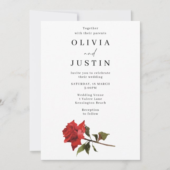 Invitación Elegante Boda Rosa Rojo (Anverso)