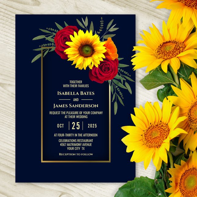 Invitación Elegante Boda Rosa Rojo de Girasol de Oro Azul (Subido por el creador)