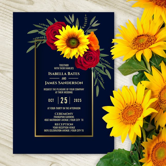 Invitación Elegante Boda Rosa Rojo de Girasol de Oro Azul (Subido por el creador)