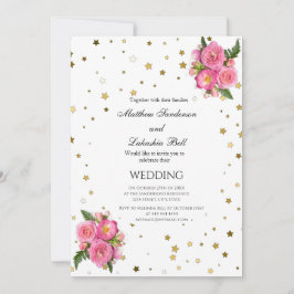 Invitación Elegante Boda rosa rosa estrellas de oro blanco