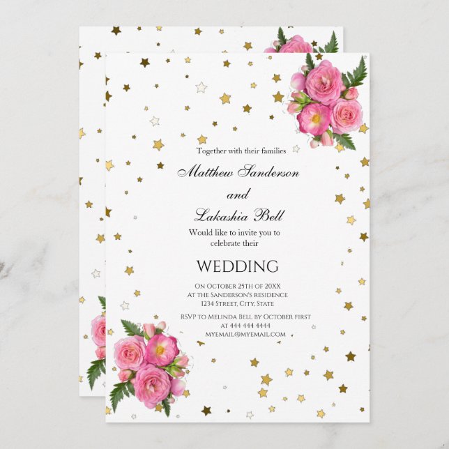 Invitación Elegante Boda rosa rosa estrellas de oro blanco (Anverso / Reverso)